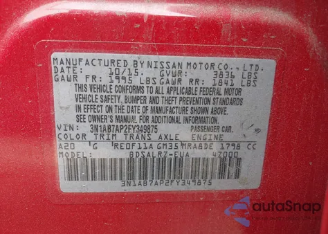 2015 Nissan Sentra Sr z USA, uszkodzony, nr VIN 3N1AB7AP2FY349875